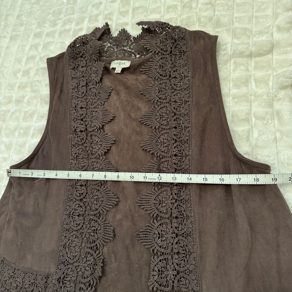 Umgee Large Brown Suede Lace Trim Duster Vest Kimono Cardigan Top ~ Boho Hippie - Picture 6 of 9